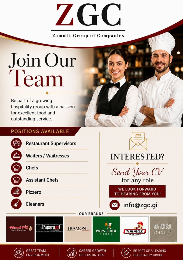 Restaurant Supervisors / Waiters / Chefs / Assistant Chefs / Pizzero / Cleaners