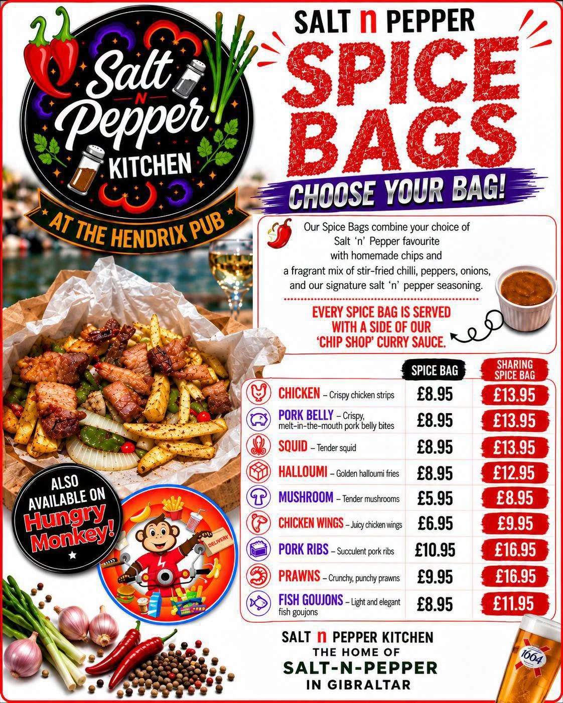 Spice Bag Meals and Chicken Burger with Chips and Curry
