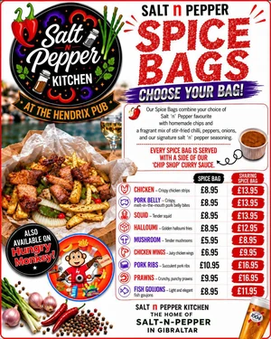 Spice Bag Meals and Chicken Burger with Chips and Curry