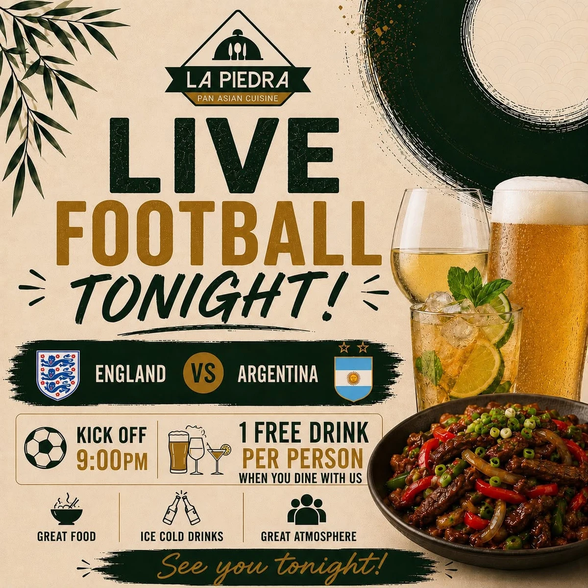 Free Drink with Dinner for England v Argentina